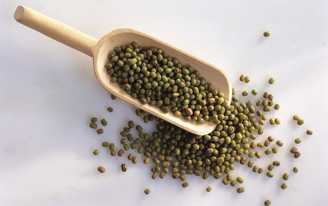 Mung beans on wooden scoop