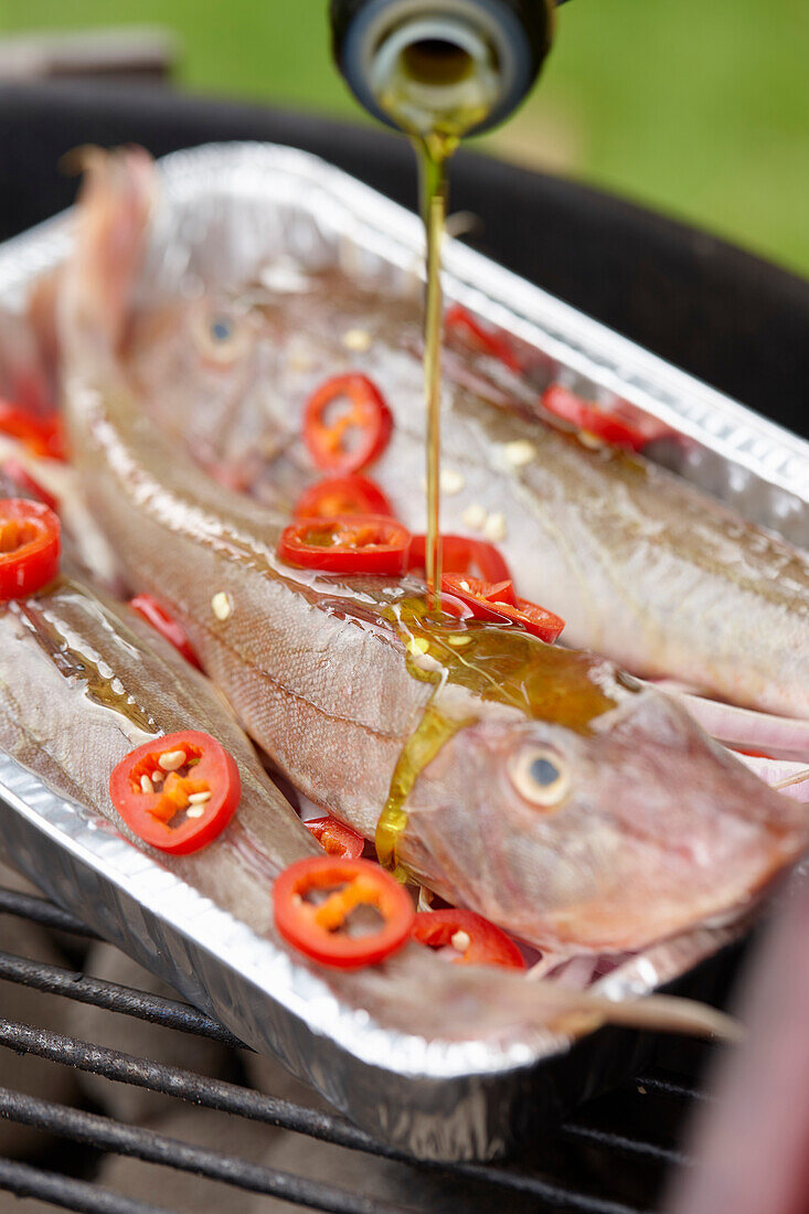 Fish in a grill dish