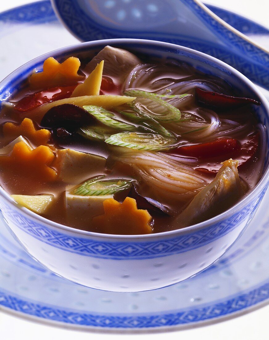 Sauer-scharfe Suppe mit Glasnudeln,Gemüse,Tofu,Mu-Err-Pilzen
