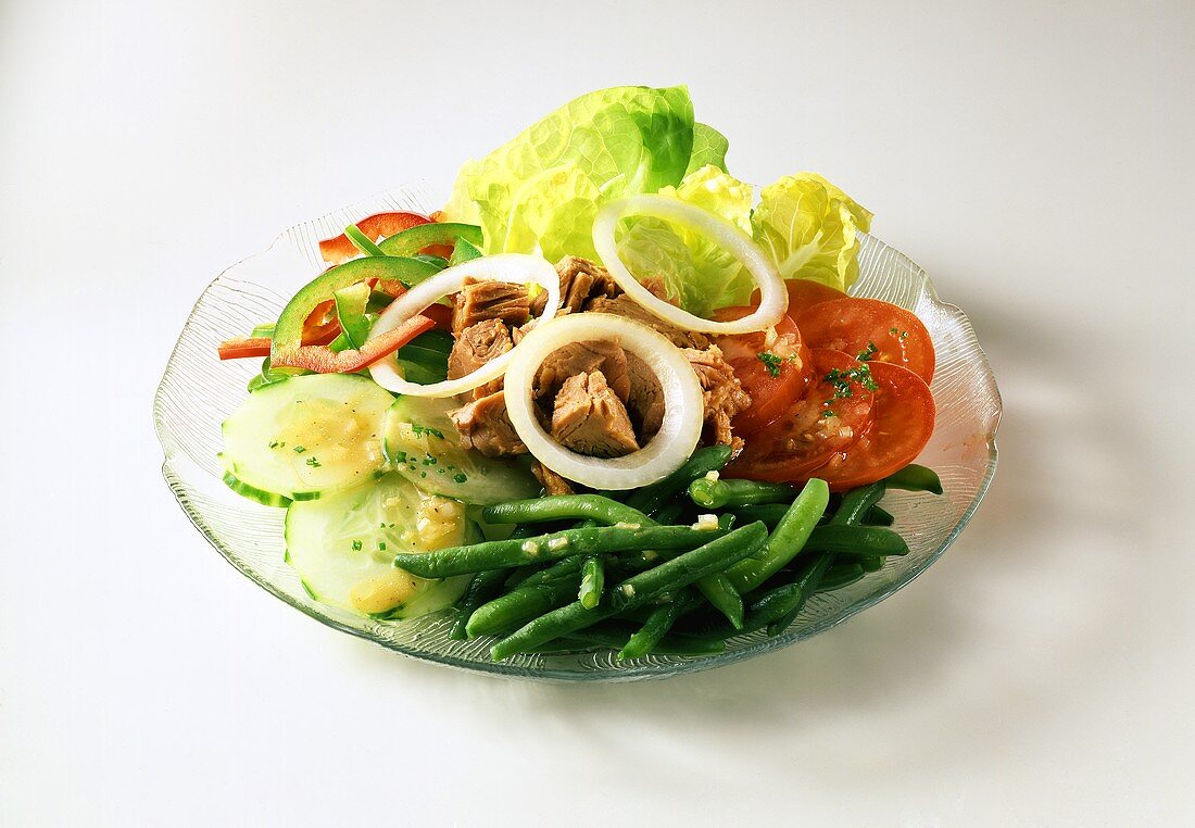 Gemüse-Thunfisch-Salat mit grünen Bohnen, Tomaten,Gurken etc.
