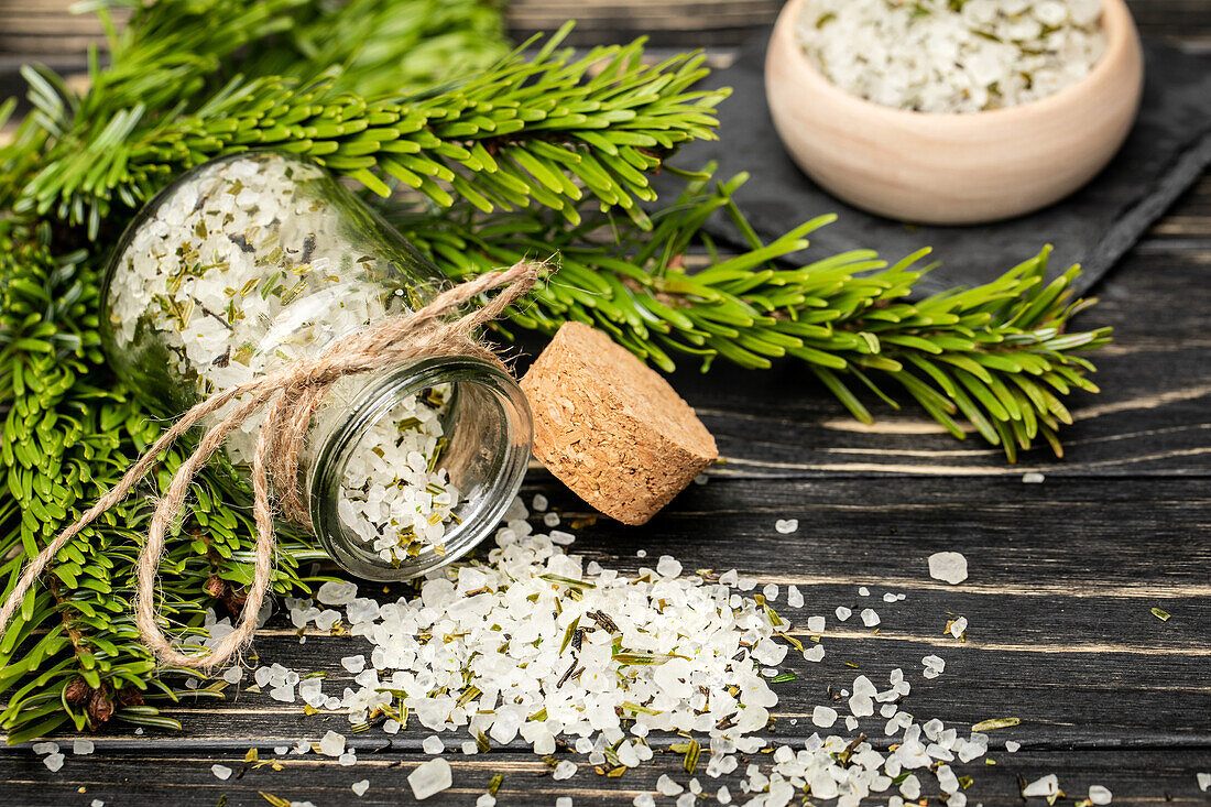 Bath salts with pine needles