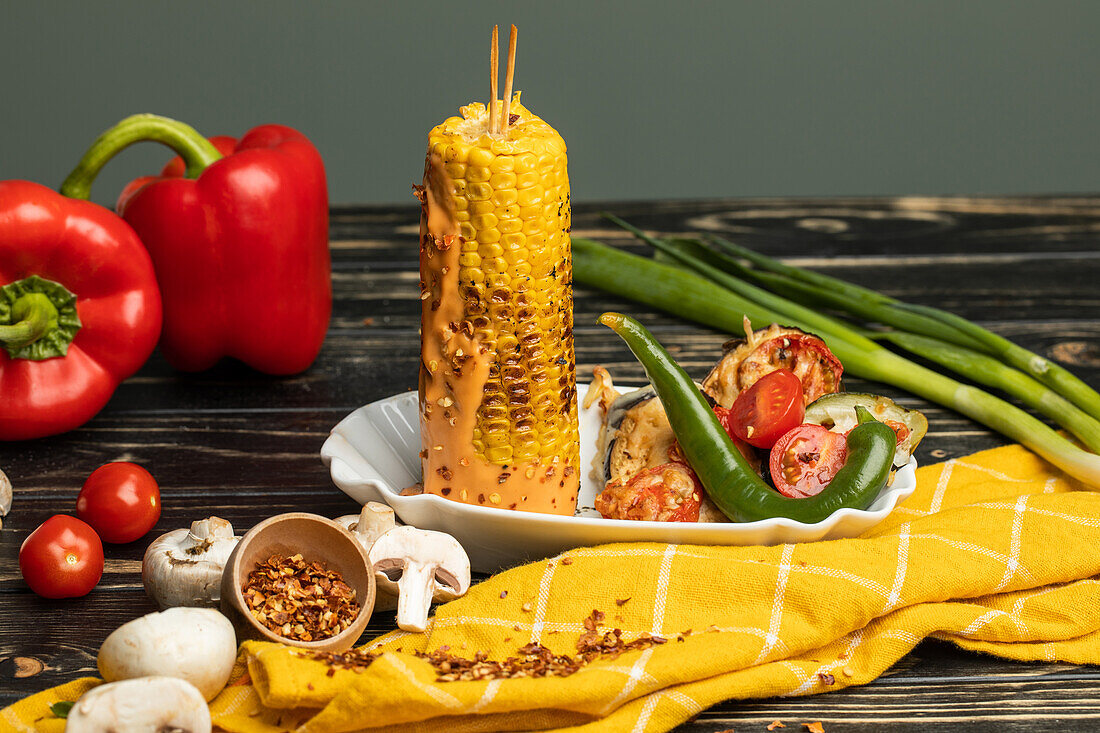 Grilling - Grilled corn with side dish