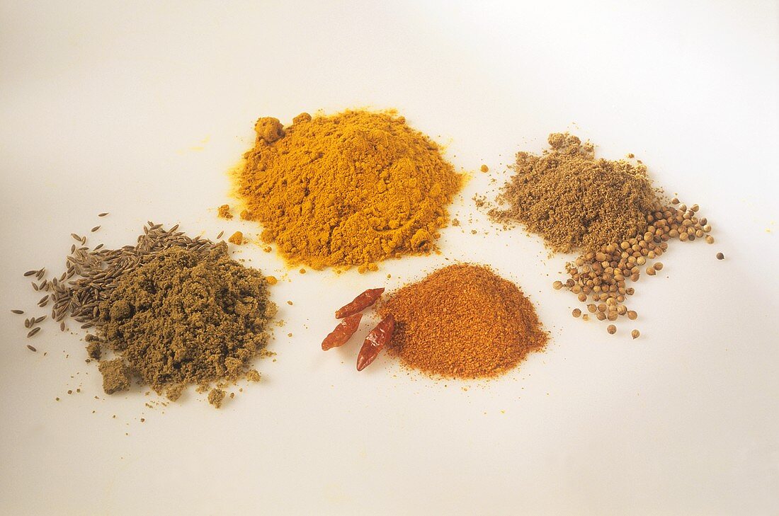 Caraway, paprika, coriander and curry powders