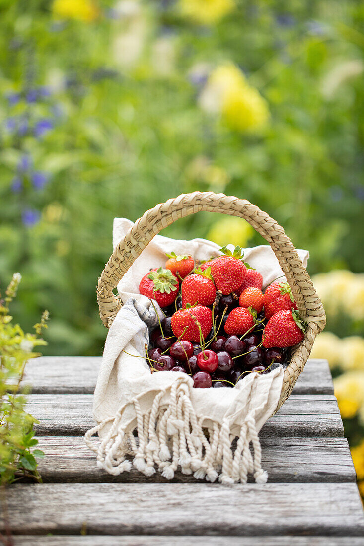 Basket with strawberries and cherries