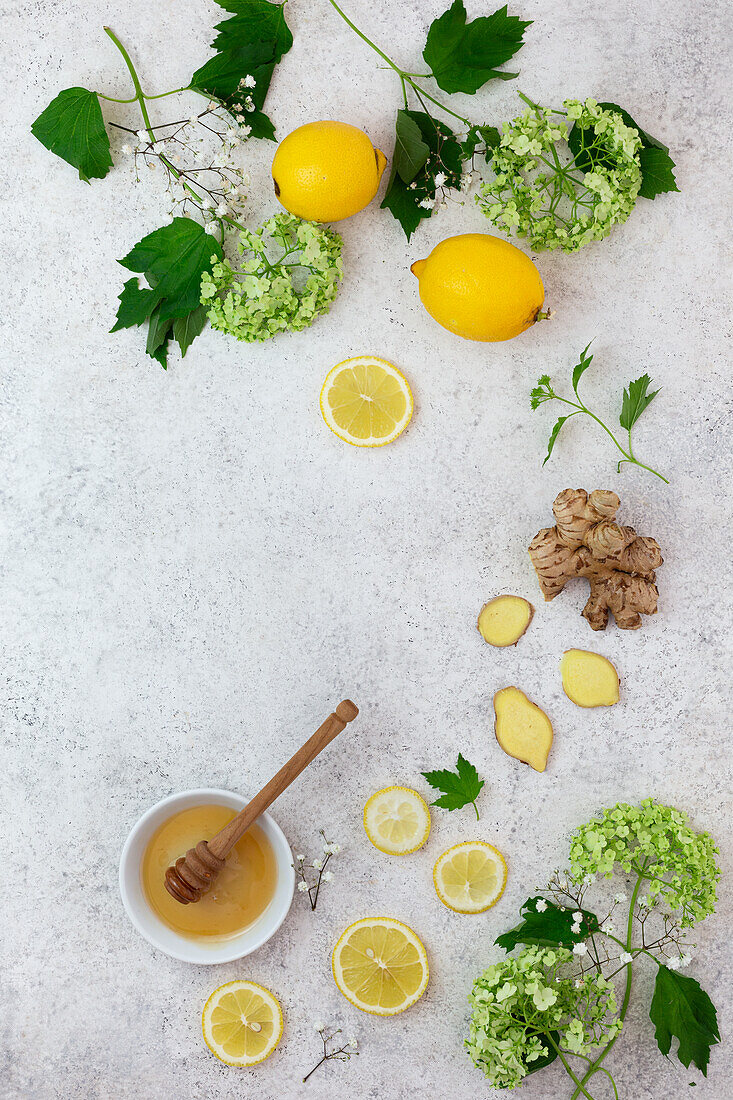 Ingredients for ginger-lemon hot drink with honey