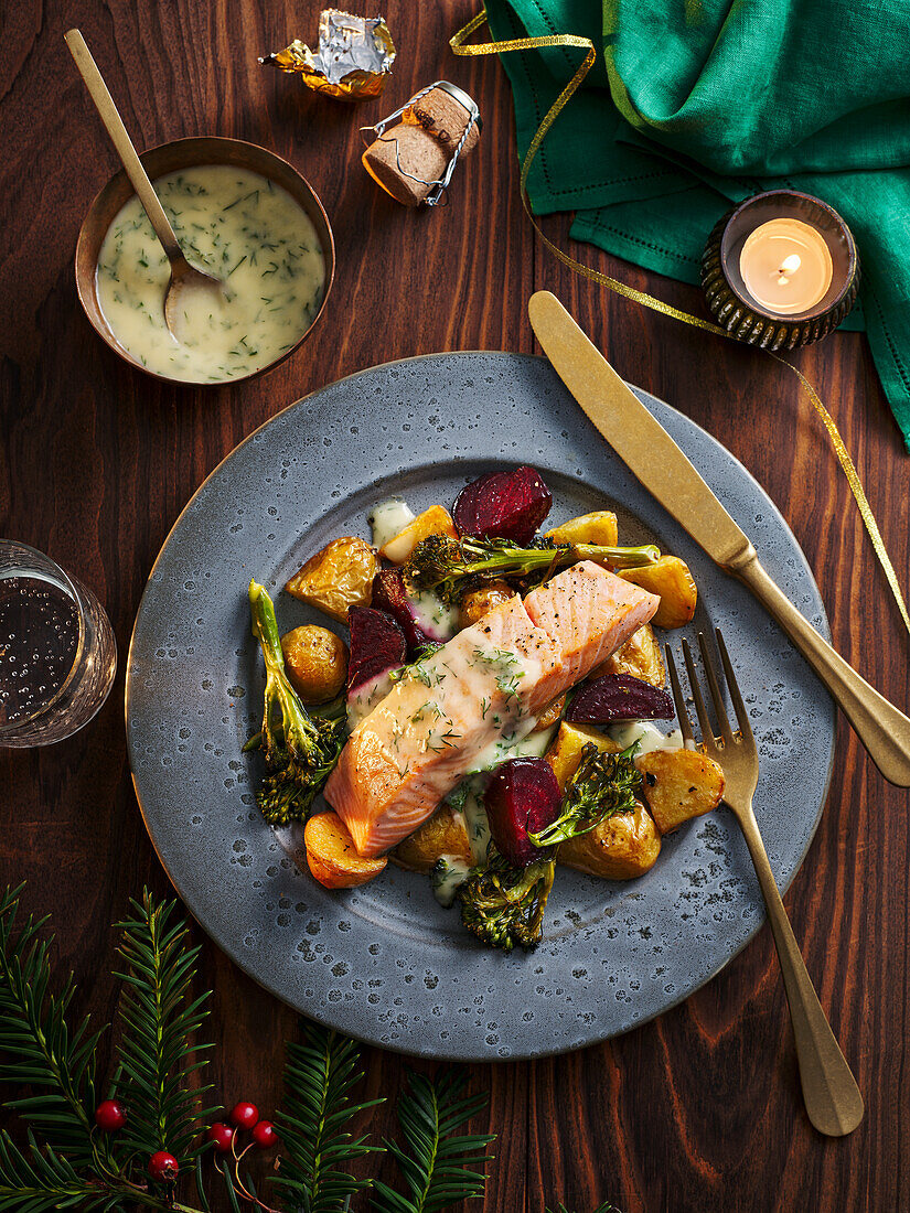 Salmon steak and roasted vegetables