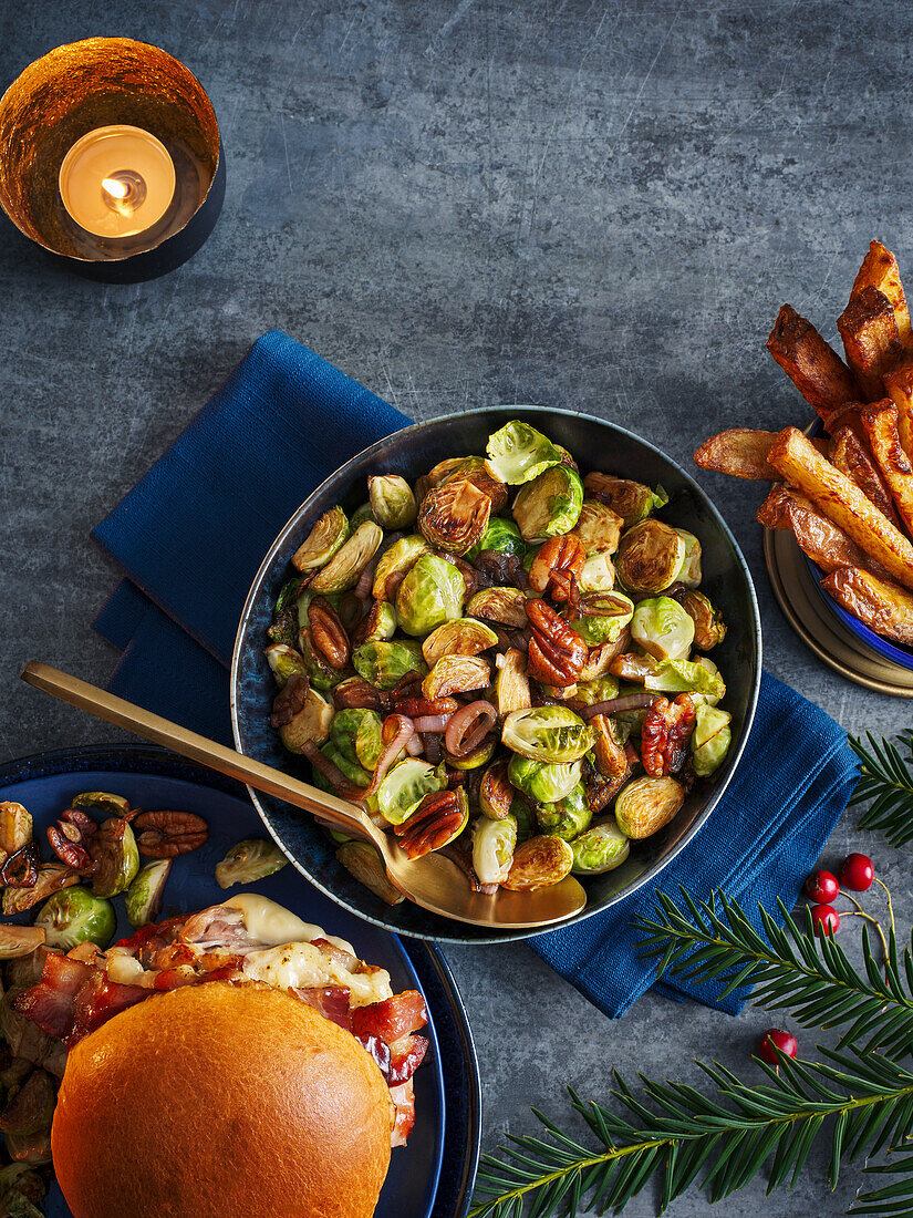 Brussels sprouts with pecans and chicken cheeseburger