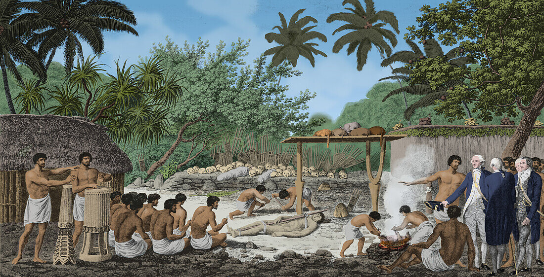 Captain James Cook witnesses human sacrifice, illustration