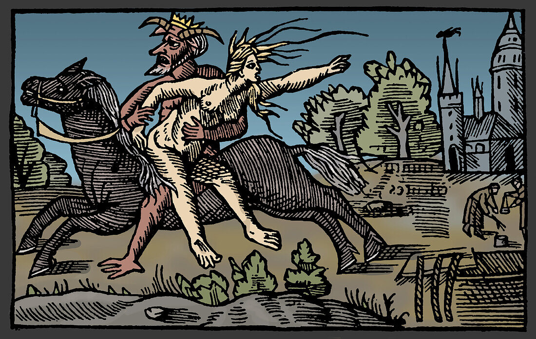 Witch riding with Satan, 1555 illustration