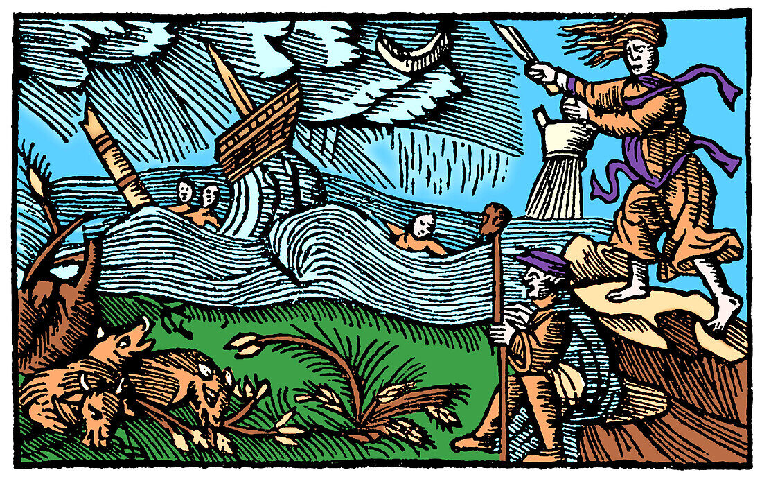 Witch causing a storm at sea, illustration
