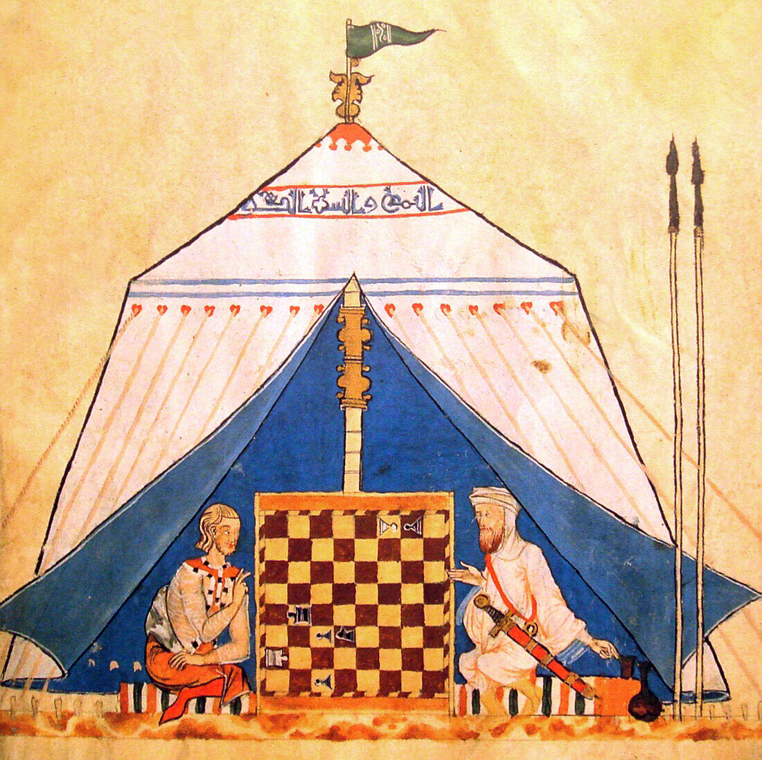 Christian and Muslim playing chess, 1285 illustration