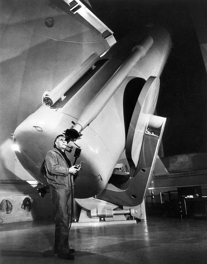Edwin Hubble and telescope, Palomar Observatory