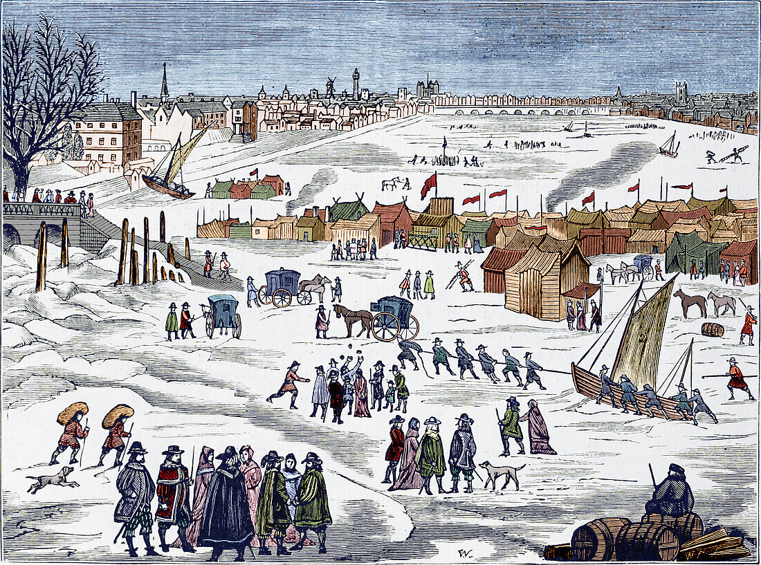 Thames frost fair, Little Ice Age, 1684, illustration