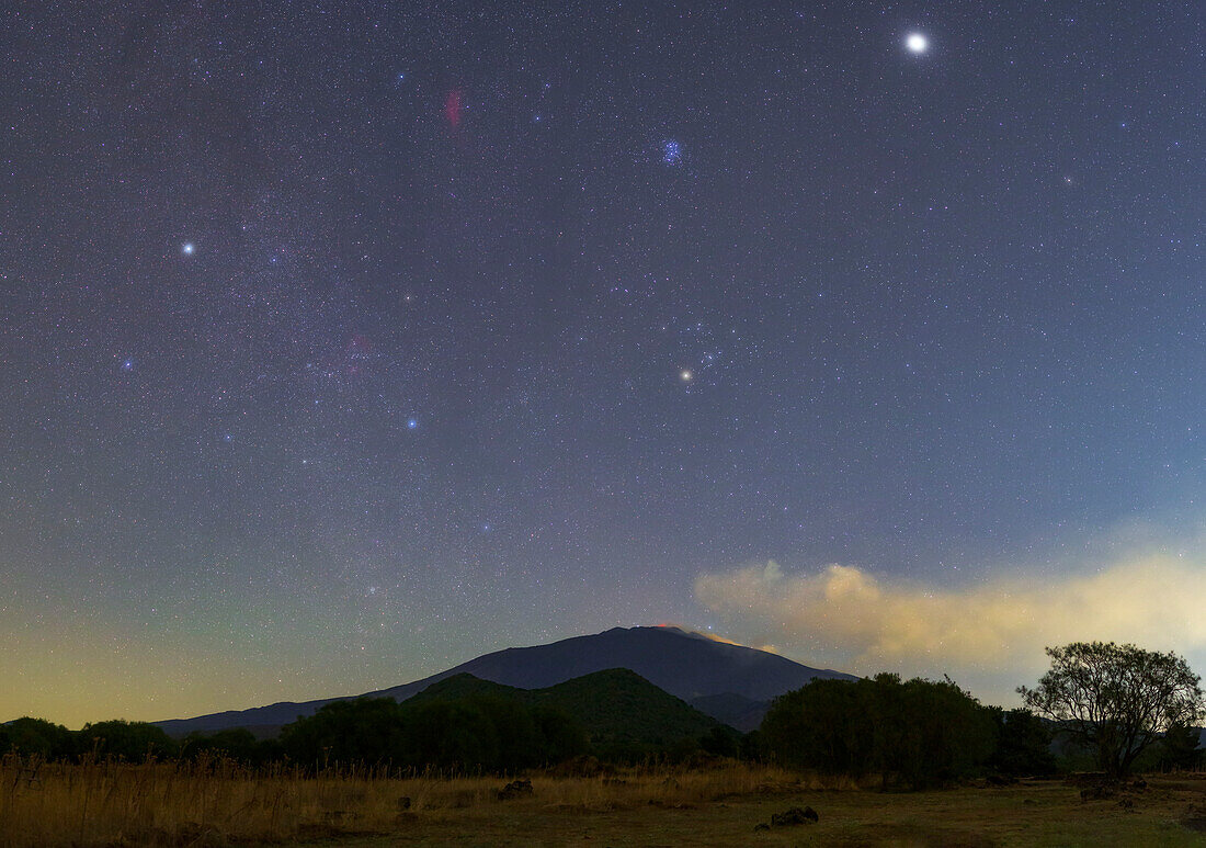Rising stars over Mount Etna, Sicily, Italy