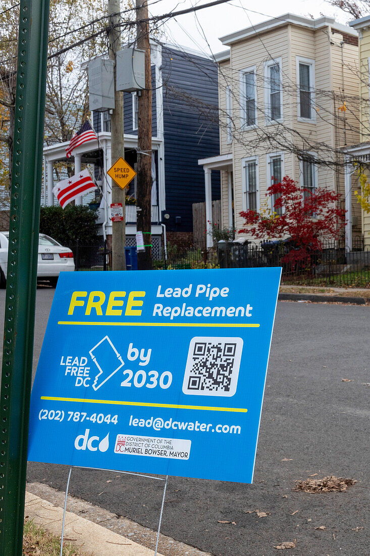 Lead pipe replacement plan sign, Washington DC, USA