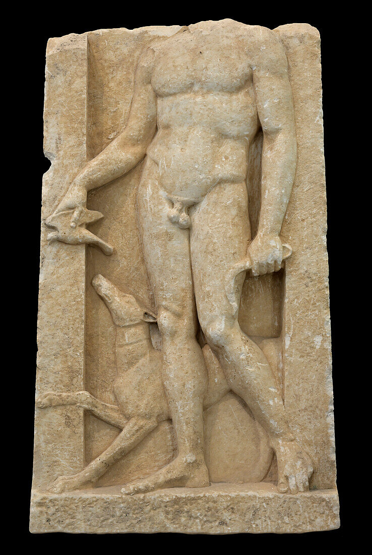 Grave relief of athlete with dog.