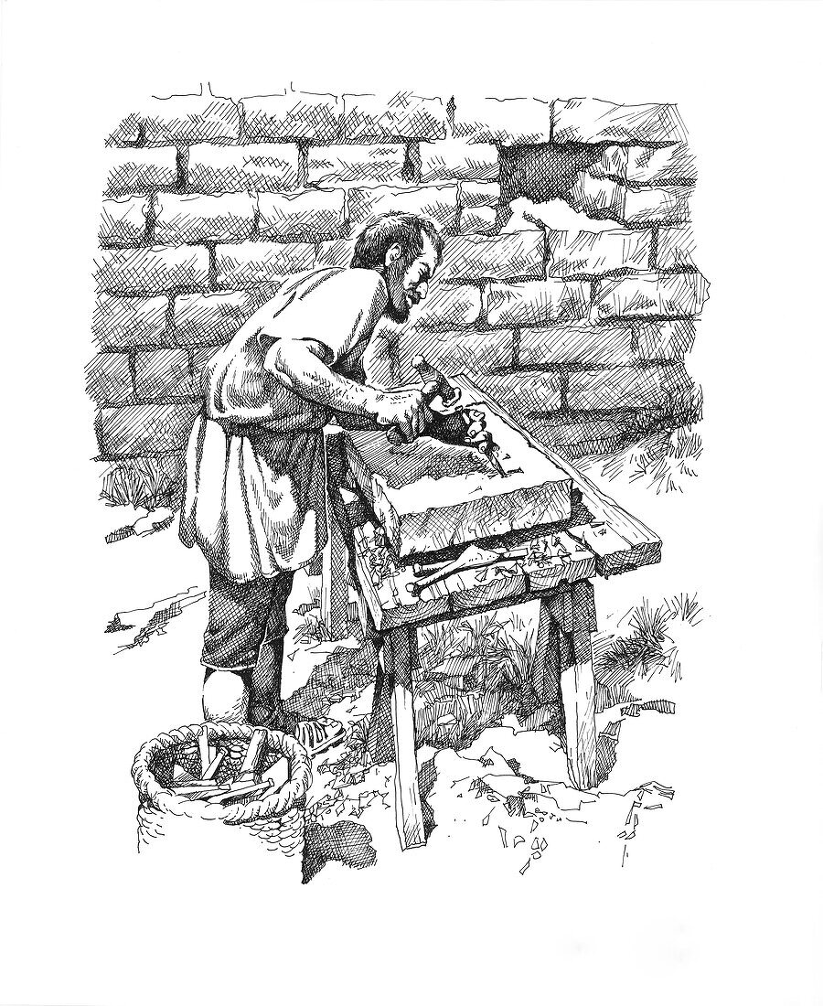 Roman stonemason inscribing a tablet, illustration
