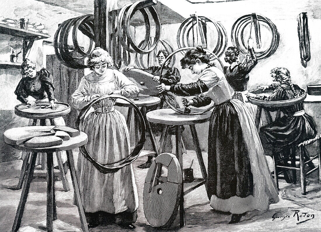 Women making pneumatic tyres for bicycles, illustration