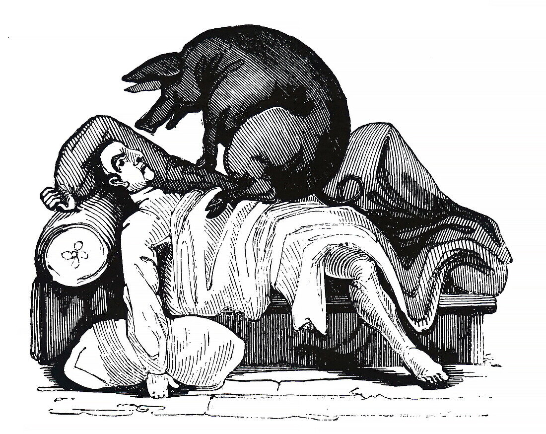 Gentleman regretting that he dined on pork, illustration