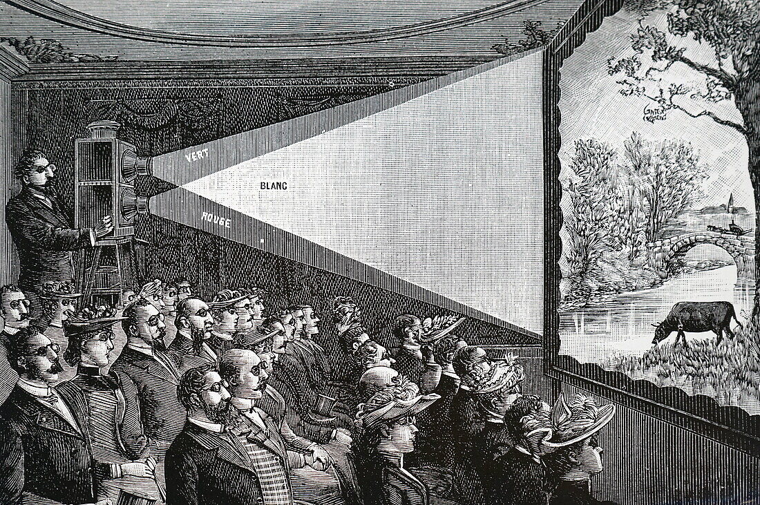 Audience watching a stereoscopic slideshow, illustration