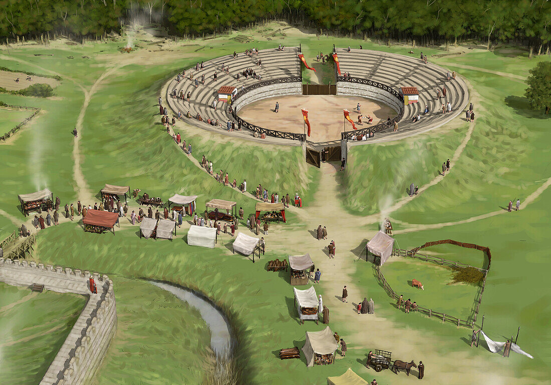 Spectators arrive at Silchester Roman City Amphitheatre, illustration