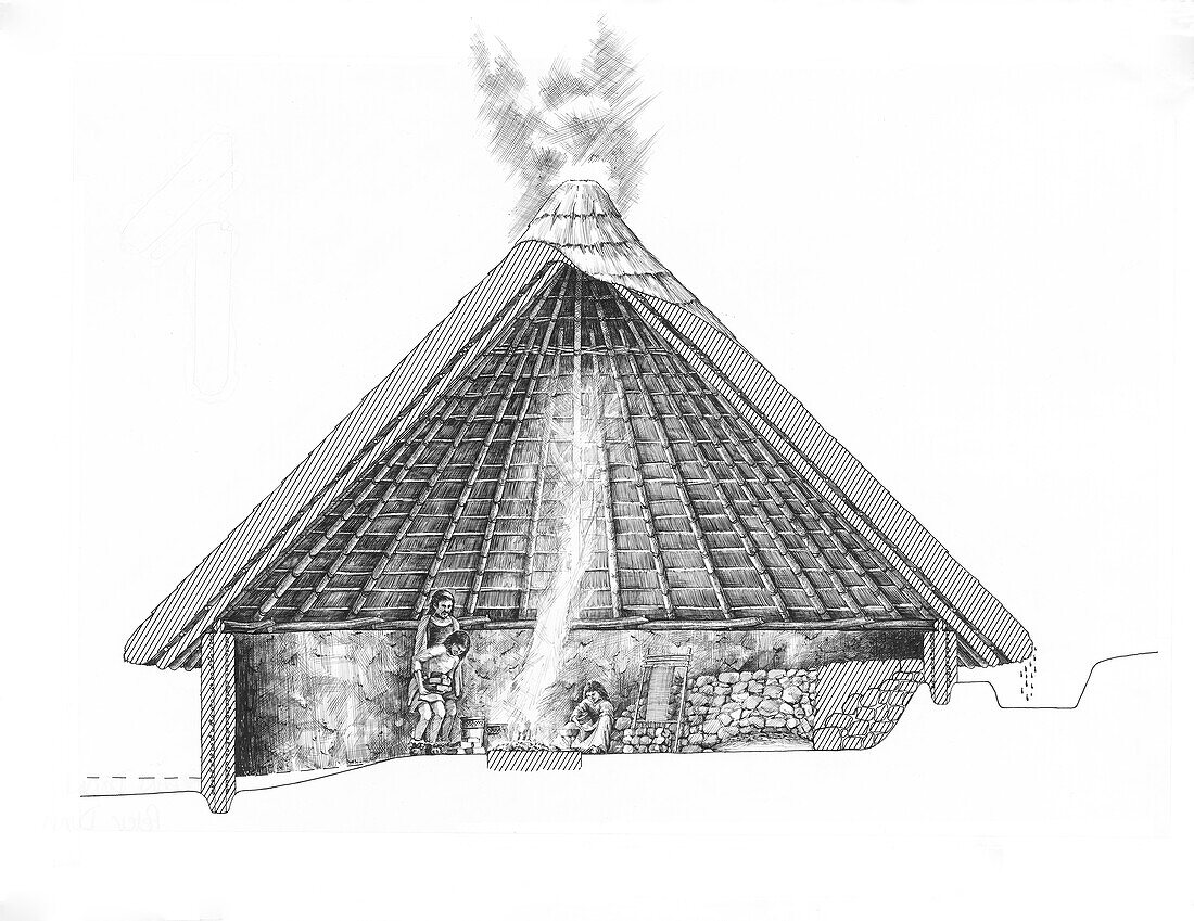 Bronze Age round house, illustration