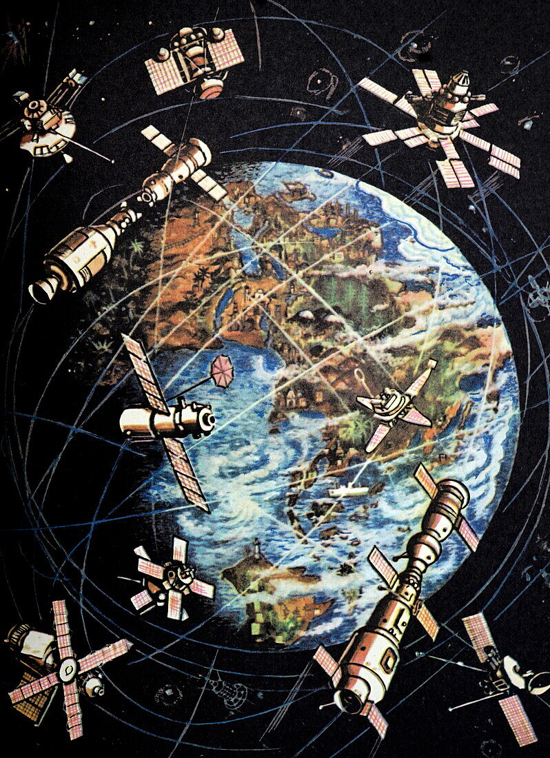 Satellite orbits at different initial velocities, illustration