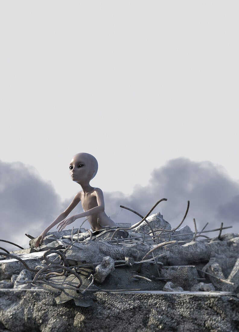 Alien amongst rubble, illustration