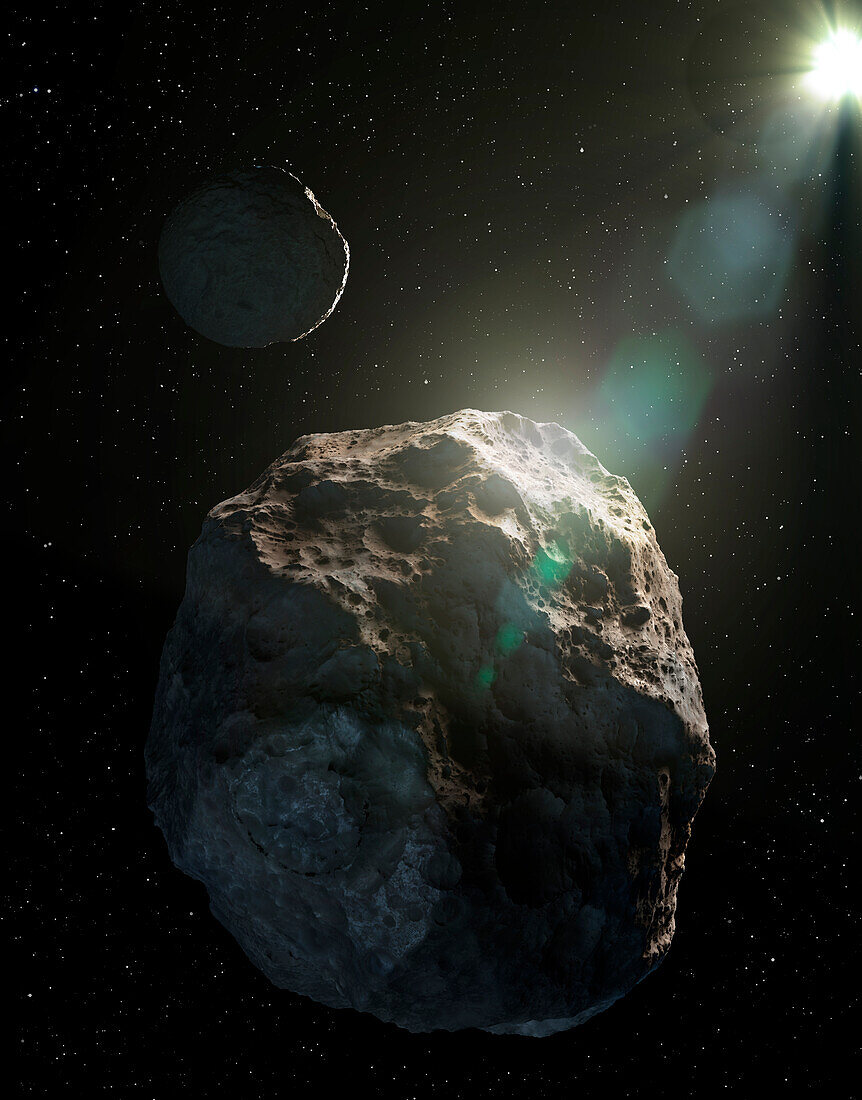 Artwork of a pair of asteroids