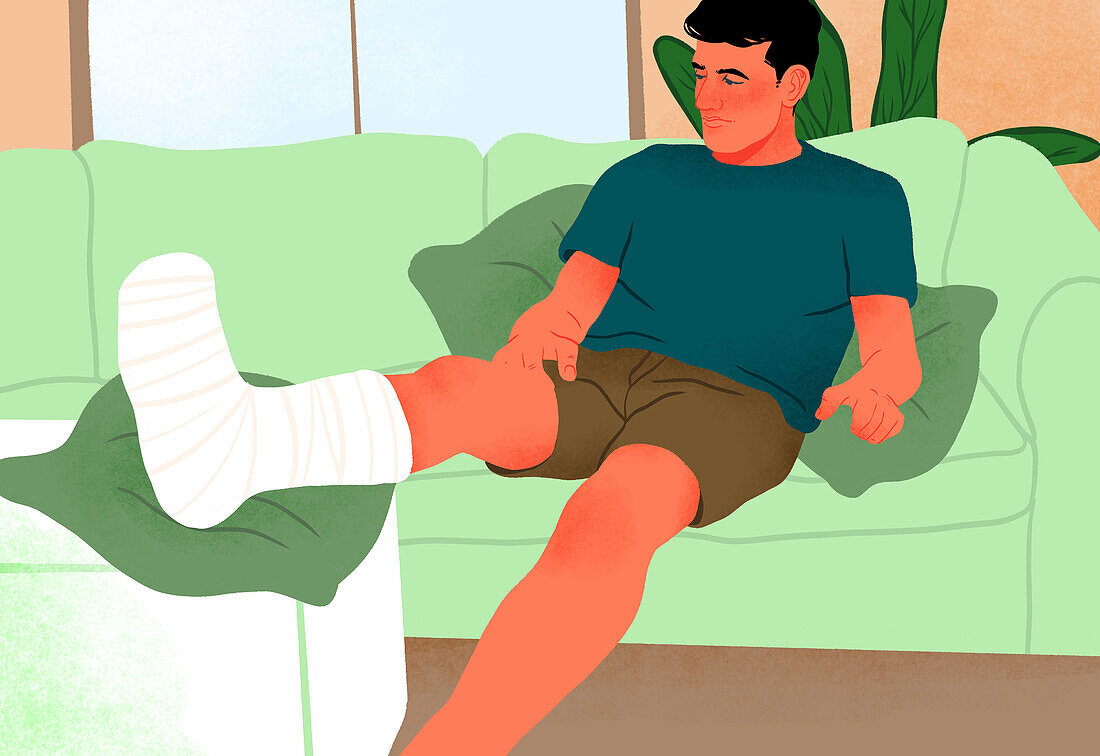 Man with cast on leg, illustration