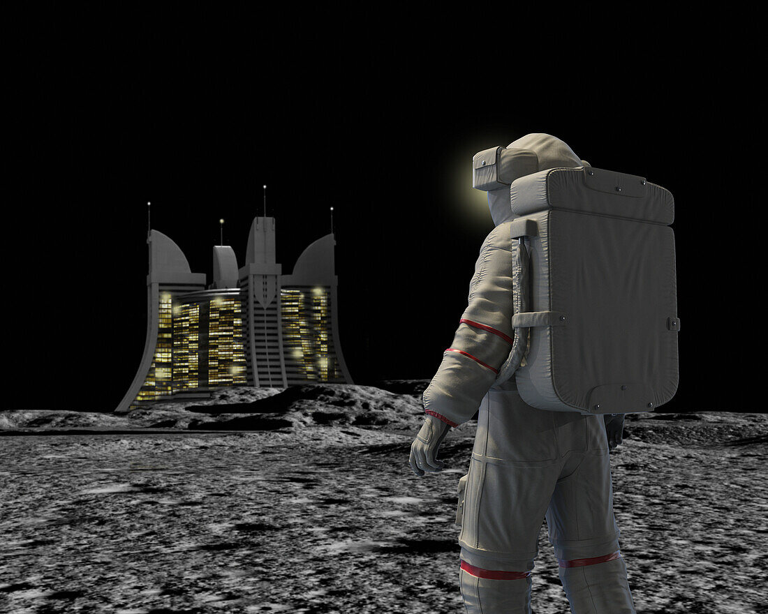 Astronaut visiting hotel complex on Moon, illustration
