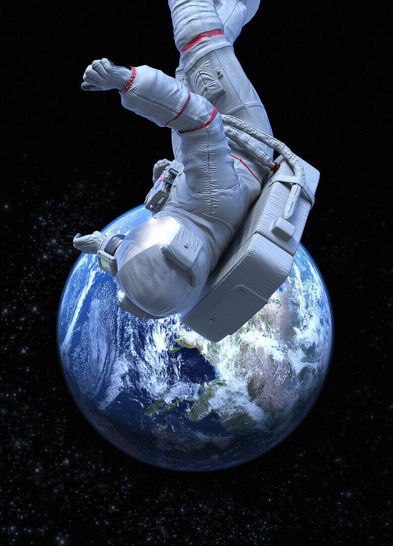 Astronaut floating above Earth, illustration