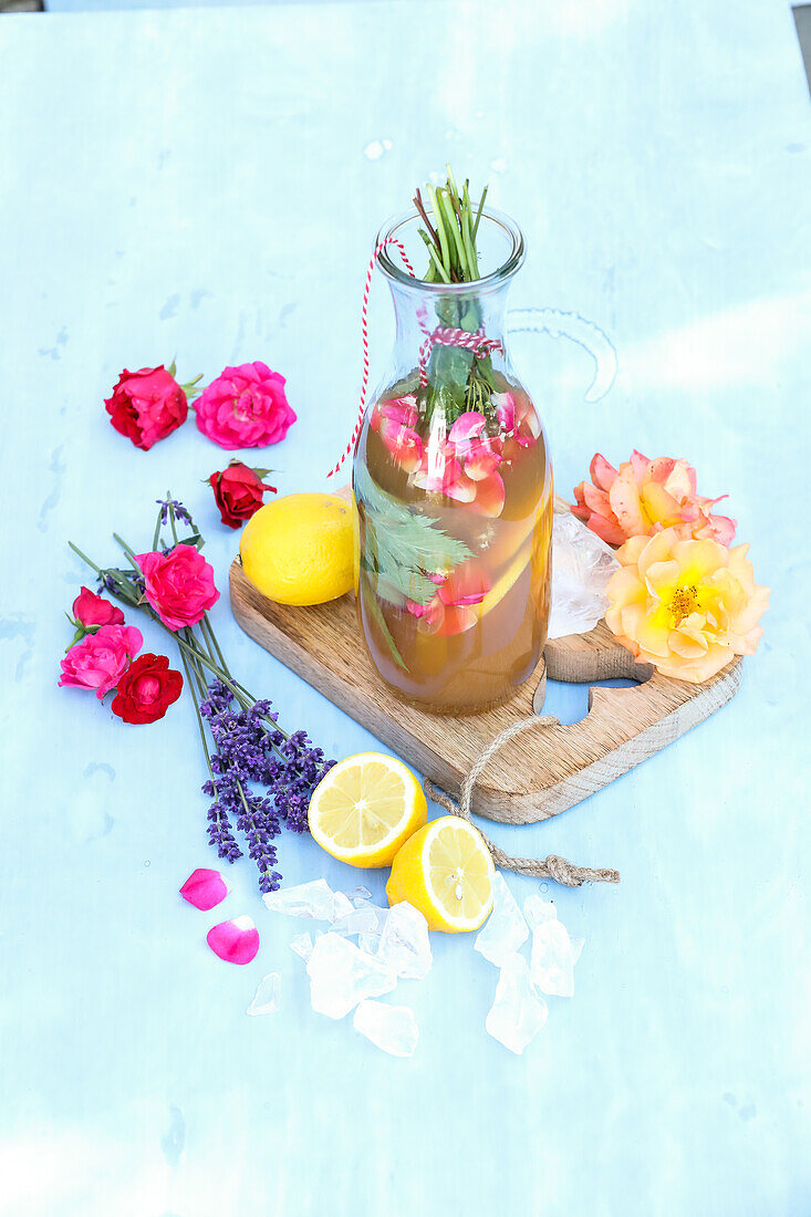 Wild herb tea with rose petals