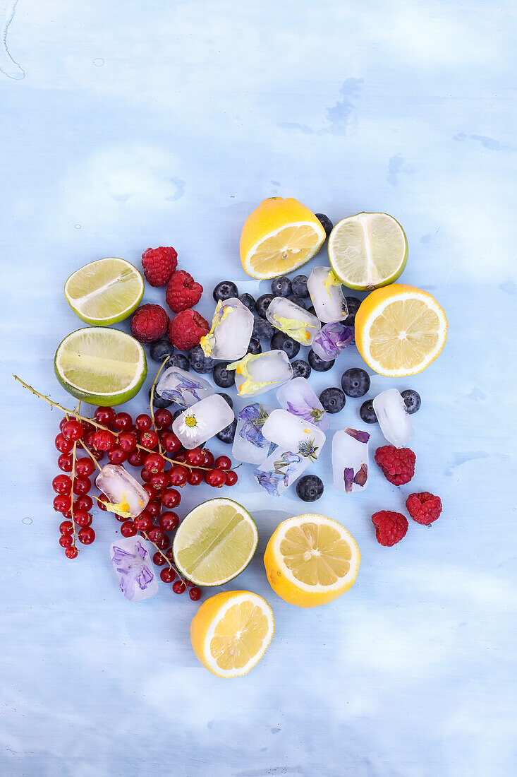 Eiswürfel mit Blüten und frische Früchte