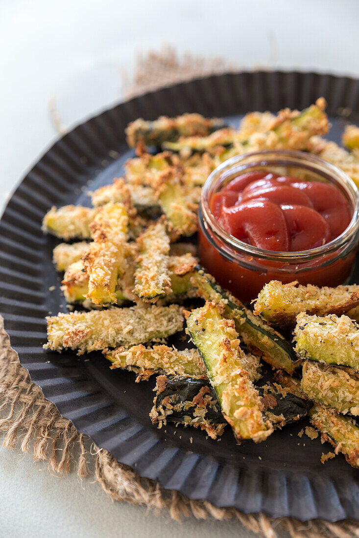 Knusprige Zucchini Pommes mit Ketchup