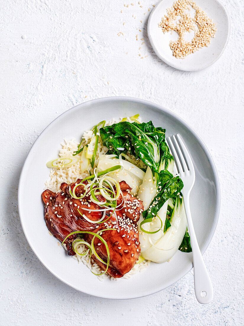 Chicken and pak choi glazed with soya and sriracha