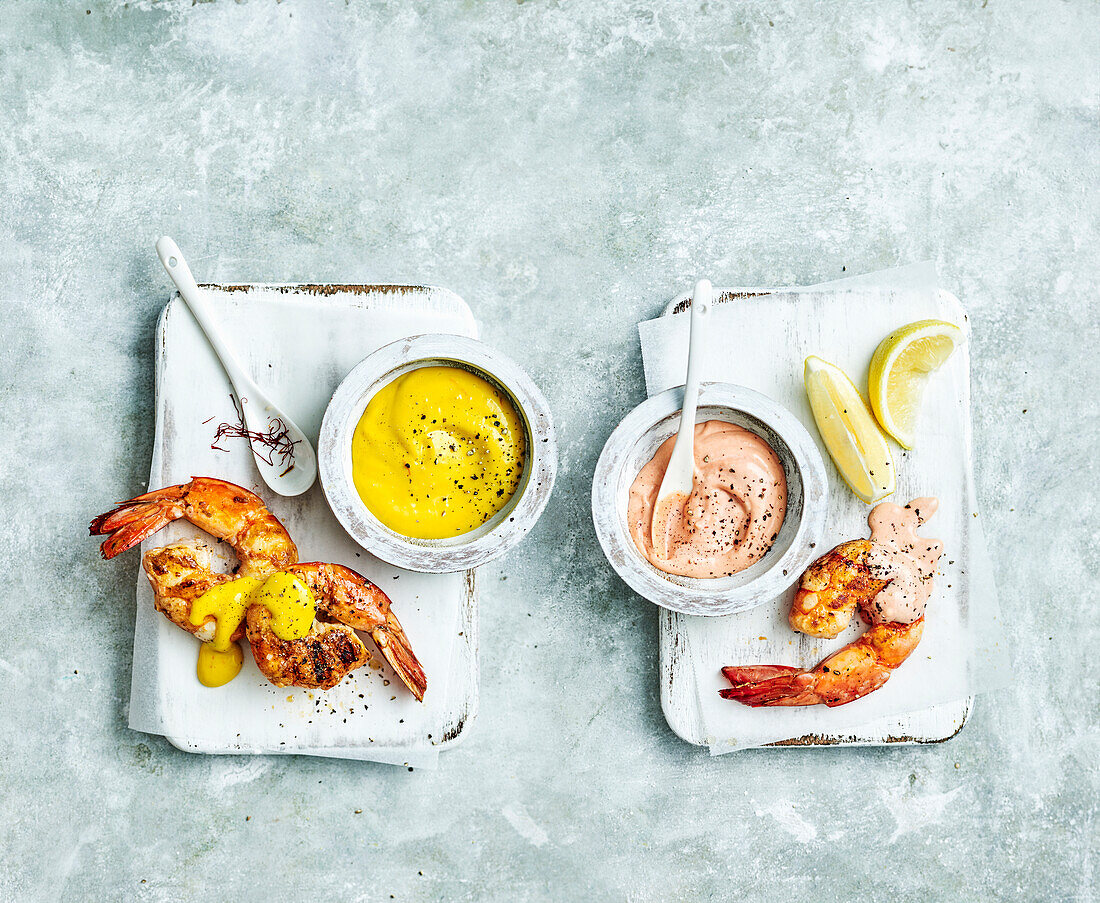 Barbecued prawns with saffron aïoli and horseradish cocktail sauce