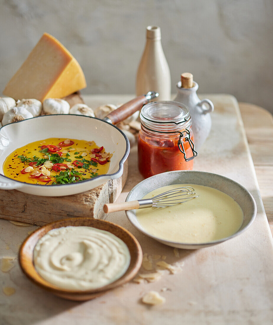 Four pasta sauces, Aglio olio e peperoncino, Alfredo, Besciamella, Putanesca