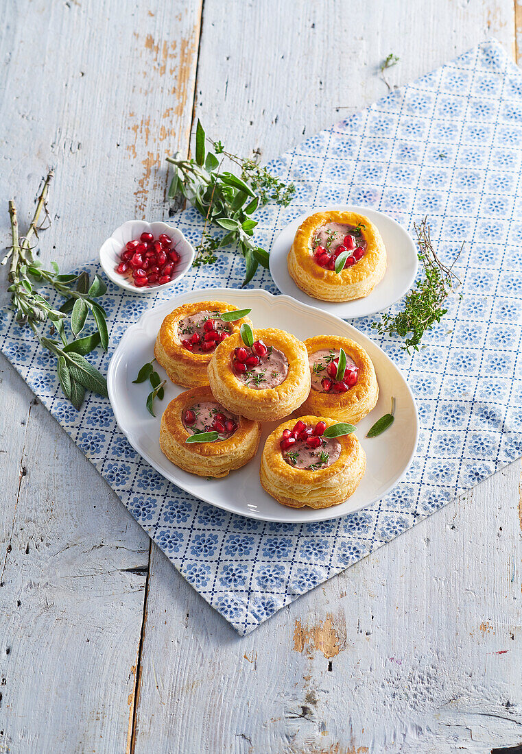 Paté in puff pastry with pomegranate seeds
