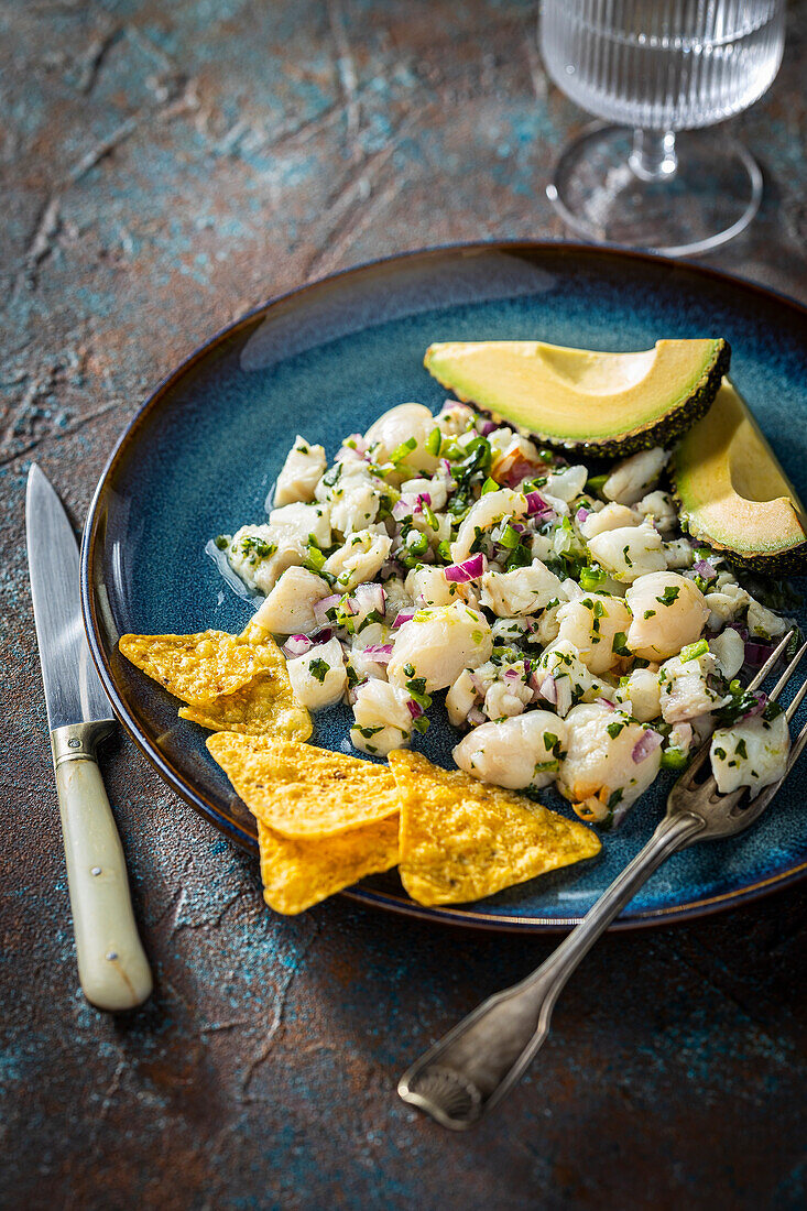 Cod ceviche with avocado and lychee