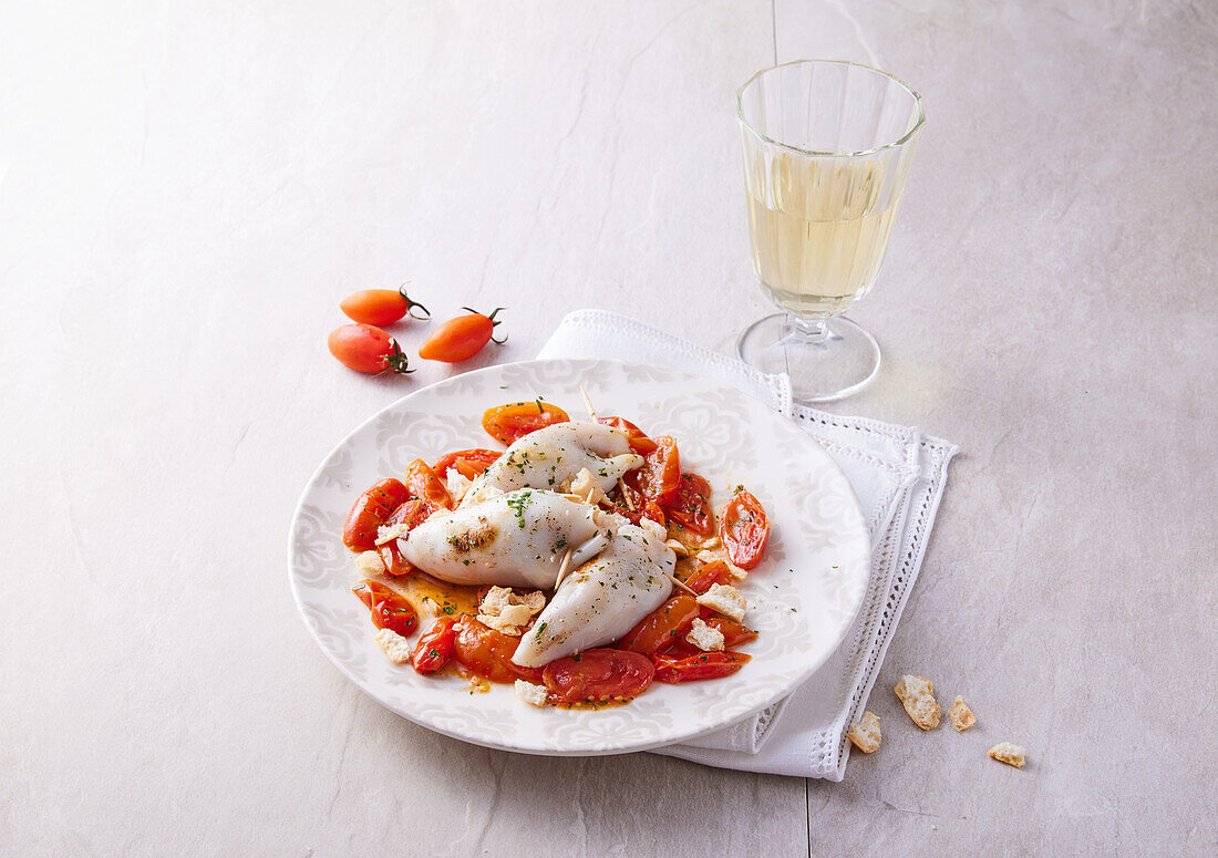 Gefüllte Calamari mit Champignons auf sautierten Datteltomaten