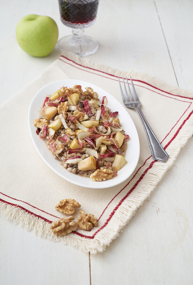 Barley with gorgonzola, radicchio and walnuts