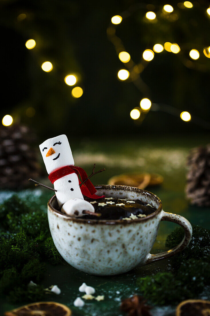 Hot chocolate with marshmallow snowman