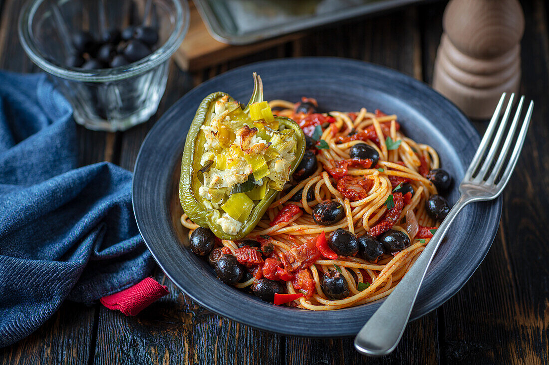 Tomato and olive pasta with stuffed green pepper