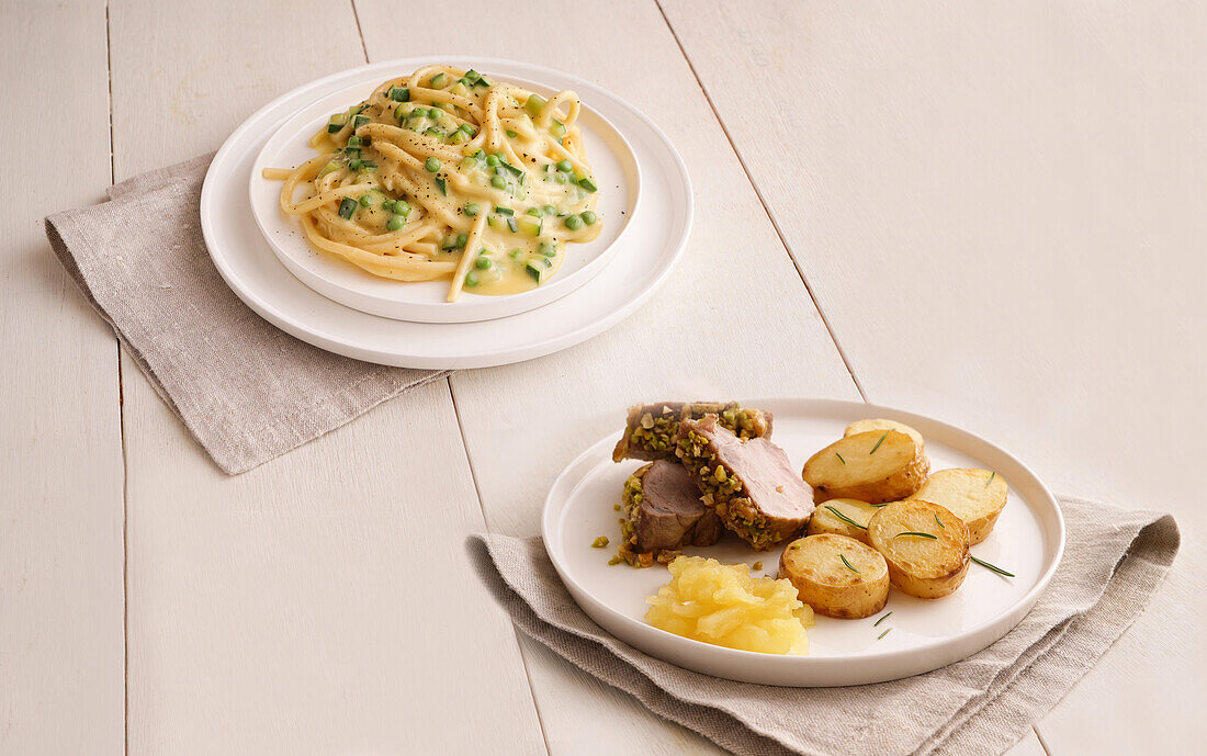 Creamy bucatini with truffle oil, pork fillet with hazelnut crust