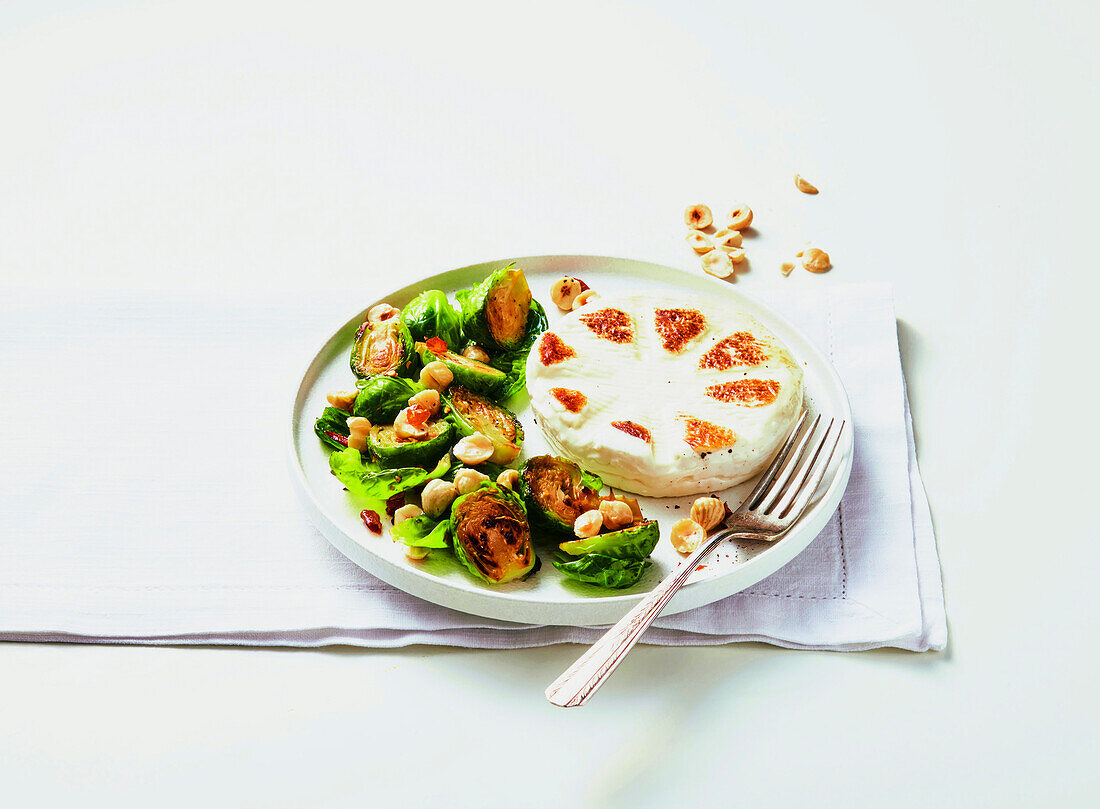 Grilled Brussels sprouts with baked goat's cheese