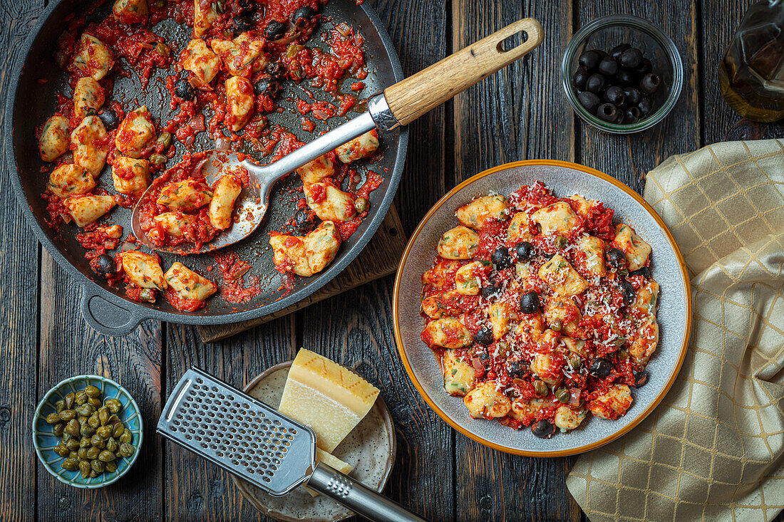 Potato gnocchi with herbs in tomato sauce and olives