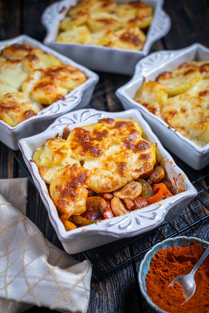 Potato casserole with mushrooms, peppers, sausage and mozzarella