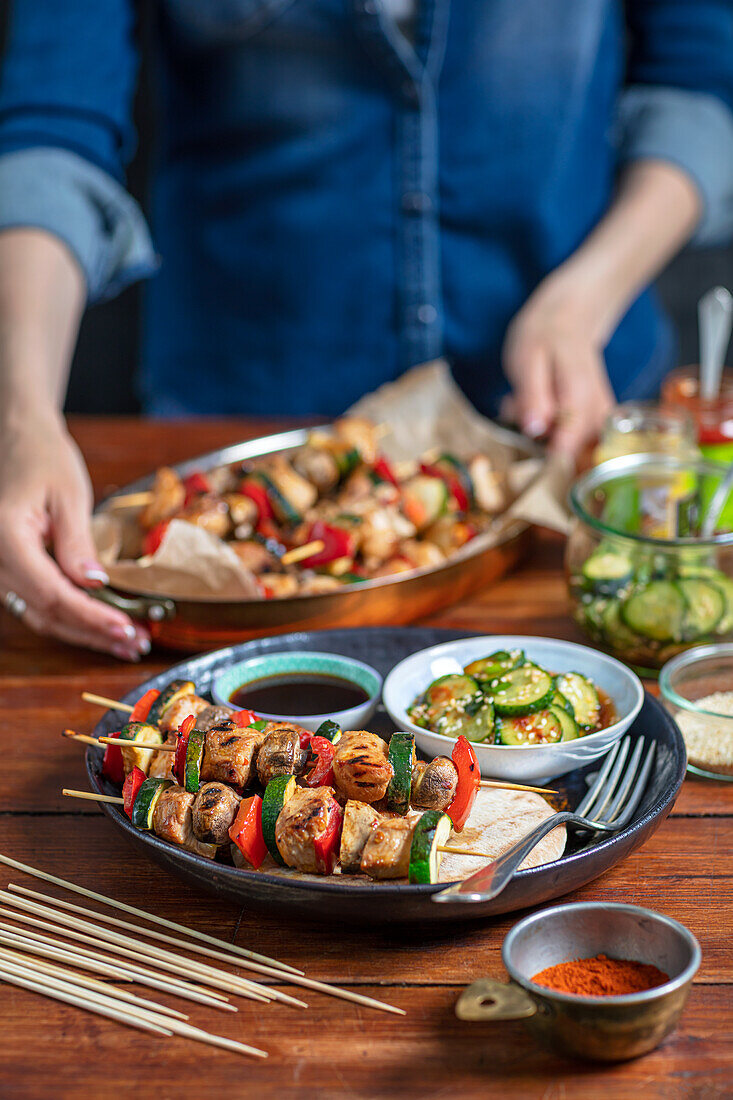 Chicken skewers with mushrooms and vegetables