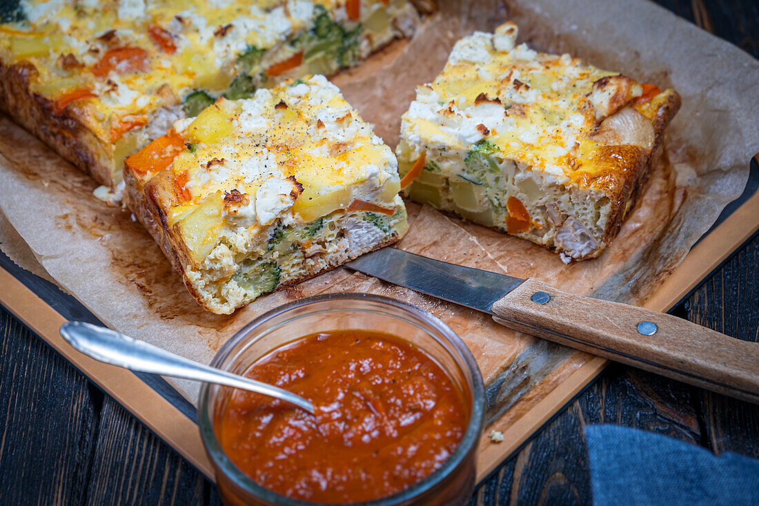 Eierfrittata mit Hühnchen, Kartoffeln, Möhren und Brokkoli